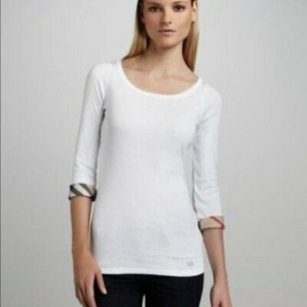 Burberry Brit White Scoop Neck Top | Nova Check Cuffs | 3/4 Sleeve | Size XS